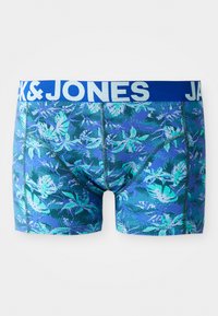 Blauwe bloemenboxershorts met een gemêleerd patroon, voorzien van een brede blauwe tailleband met witte "JACK & JONES" branding. Soepele stof.