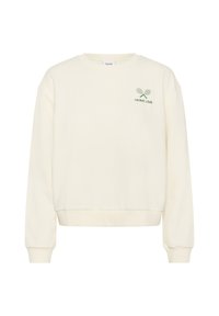 Sweatshirt crème avec une coupe décontractée, des poignets et un ourlet côtelés. Il présente un logo de raquette de tennis verte et le texte "racket club" sur la poitrine.