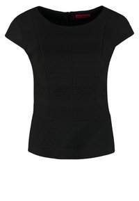 Czarna dopasowana bluzka z krótkim rękawem, ozdobiona fakturowanymi geometrycznymi wzorami i zamkiem błyskawicznym na plecach.