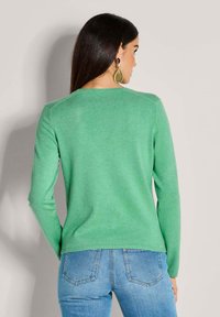 Groene gebreide trui met lange mouwen, een ronde halslijn en een ribbelrand, gecombineerd met blauwe jeans. Glad textuur, geen patronen.