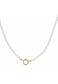 Collana di perle con perle rotonde bianche e chiusura a gancio placcata in oro. Texture liscia e forma uniforme in tutto il gioiello.