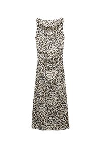 Sukienka w panterkę z dekoltem w kształcie łezki, bez rękawów, z marszczonym pasem i spódnicą o długości midi w kremowo-czarnym kolorze.