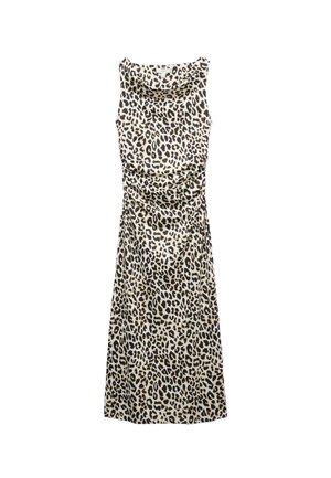 Šaty s potiskem leoparda, s lodičkovým výstřihem, bez rukávů, řaseným pasem a sukňou do poloviny lýtek v krémové a černé barevné kombinaci.