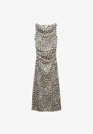 Leopardenmuster-Kleid mit Schalkragen, ärmelloser Gestaltung, geraffter Taille und mittellangem Rock in einer Creme- und Schwarzfarbgebung.