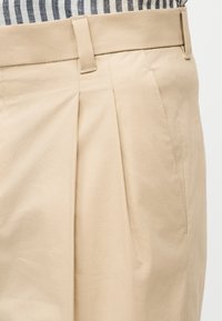 Κοντινό πλάνο σε μπεζ πλισέ παντελόνια με θηλιές για ζώνη, φορεμένα με μπλούζα ριγέ σε μαύρο και λευκό, κρυμμένη μέσα.