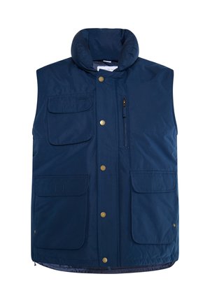 Námorní modrá zateplená vesta s vysokým límcem, několika kapsami, zlatými detaily a hladkým povrchem. Obsahuje zipovou kapsu a zapínání na patentky.