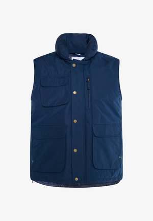 Námorní modrá zateplená vesta s vysokým límcem, několika kapsami, zlatými detaily a hladkým povrchem. Obsahuje zipovou kapsu a zapínání na patentky.