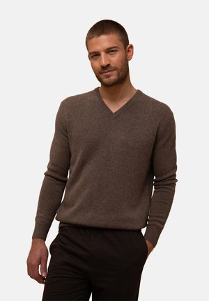 Brauner V-Ausschnitt-Pullover aus weicher, strukturierter Stoff. Lange Ärmel mit gerippten Bündchen. Kombiniert mit dunklen Hosen steht das Modell vor einem neutralen Hintergrund.