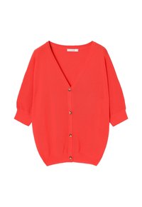 Koralowy sweter kardigan z dzianiny z dekoltem w serek, krótkimi rękawami i pięcioma guzikami na środku. Miękka tekstura i luźny krój.