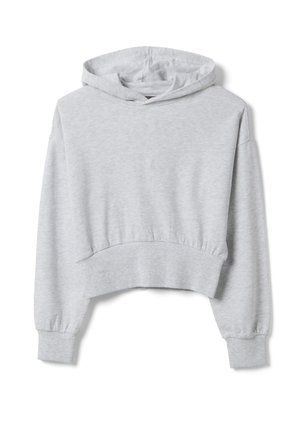 Sudadera con capucha corta de color gris claro, con mangas largas, puños y cinturilla acanalados, mostrada sobre un fondo blanco.