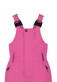 Ružový snehový overál s nastaviteľnými popruhmi, predným panelom, dvoma bočnými vreckami a detailom loga. Vyrobený z odolného, poveternosťou odolného materiálu.