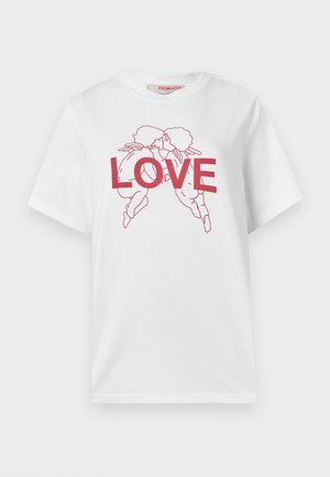 Λευκό βαμβακερό T-shirt με ροζ γραφικό που απεικονίζει δύο χερουβείμ και τη λέξη "ΑΓΑΠΗ" να εμφανίζεται έντονα στο κέντρο. Κοντά μανίκια, κανονική εφαρμογή.