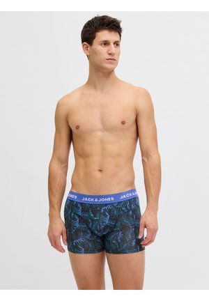 Bloot bovenlijf man die zwarte boxershorts draagt met blauwgroen bladmotief en blauwe tailleband met opschrift "JACK & JONES," staand tegen een witte achtergrond.