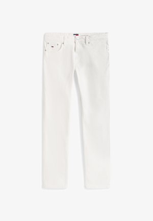 White slim-fit jeans with five pockets, button and zipper closure, and small Tommy Hilfiger logo on coin pocket.