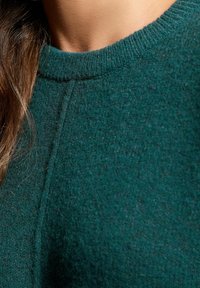 Ciemnozielony sweter z dzianiny z okrągłym dekoltem, wykonany z miękkiego, strukturalnego materiału, z widocznymi szwami na ramionach.