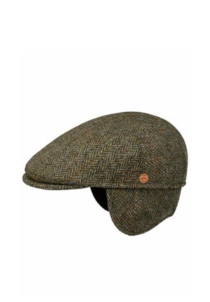 Braune und graue Flatcap im Fischgrätmuster mit Ohrenklappen und einer kleinen runden Logo-Plakette an der Seite.