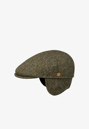 Braune und graue Flatcap im Fischgrätmuster mit Ohrenklappen und einer kleinen runden Logo-Plakette an der Seite.