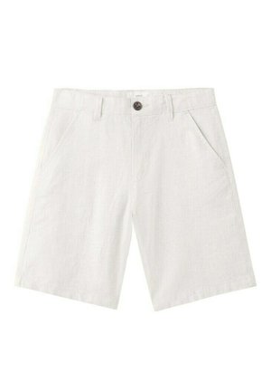 Witte casual shorts met riemlussen, zijzakken, een knoop aan de voorkant en een ritssluiting, getoond tegen een effen achtergrond.
