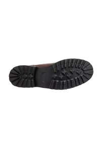 Black rubber boot sole with a patterned tread featuring deep grooves and raised sections for traction. Smooth, rounded edges.