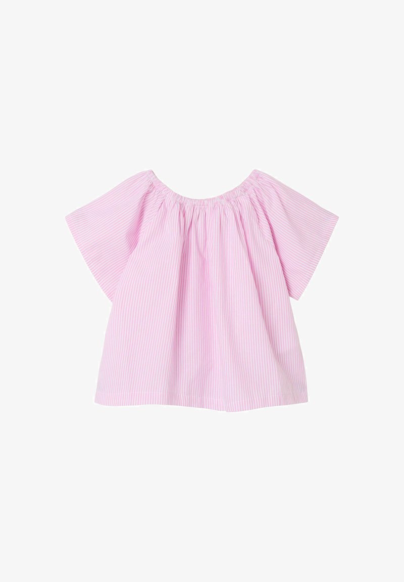 Blouse à manches courtes rayée rose et blanche avec encolure élastique épaules dénudées et coupe ample évasée.