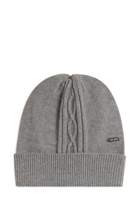 Berretto in maglia grigia con motivo a treccia sulla parte superiore e texture a costine sul risvolto. Piccola etichetta con il nome del marchio sul lato.