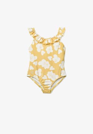 Żółty strój kąpielowy z białym kwiatowym wzorem, falbankami na ramiączkach, gładką fakturą i dopasowanym krojem. Posiada okrągły dekolt i niskie wycięcie na plecach.
