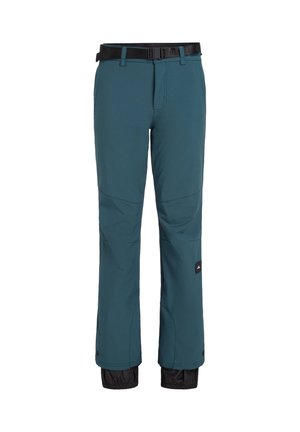 Tealfarbene Skihosen aus synthetischem Material, mit einer taillierten Passform, einem Gürtelbund und elastischen Bündchen für einen perfekten Sitz. Dunklere schwarze Akzente.