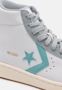 Białe skórzane sneakersy high-top z szarymi zamszowymi akcentami i turkusowym wzorem gwiazdy. Zawierają teksturowane szare sznurowadła oraz złote oznaczenie "PRO LEATHER".