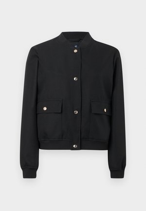 Černá bomber bunda z hladké tkaniny, s předním zapínáním na patentky, dvěma předními kapsami a žebrovanými manžetami a lemem.