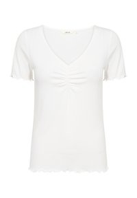 Tricou alb cu dungi, având decolteu în V, mâneci scurte cu volane și un detaliu central de strângere. Fabricat dintr-un material moale și elastic.