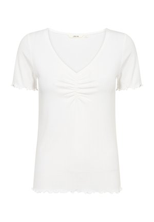 T-shirt bianco a coste con scollo a V, maniche corte con volant e dettaglio di arricciatura centrale. Realizzato in un tessuto morbido ed elasticizzato.