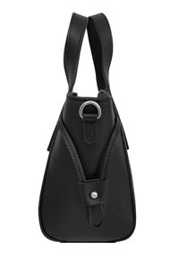 Mustast tekstuuritud nahast käekott kahekordsete käepidemetega, hõbedase metallrõnga detailiga ja küljes oleva trukknupuga rihmaga, pildil nähtav külgvaates.