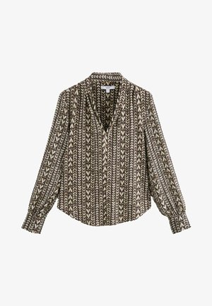 Kohvi ja kreemja mustriga pluus V-kaelusega, pikkade varrukatega ja laia lõikega. Omab vertikaalseid triibusid ja tekstuurset kangast.