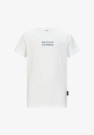 Weißes Kurzarm-T-Shirt aus weicher Baumwolle, mit einem blauen "RETOUR PERFORMANCE"-Logo auf der Brust und dezenten, leicht gewölbten Nähten.