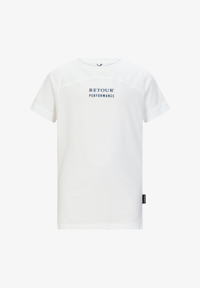 Witte korte mouwen t-shirt van zachte katoen, met een "RETOUR PERFORMANCE" logo in het blauw op de borst, met subtiel gebogen naden.
