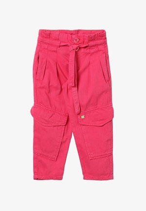 Pantaloni cargo rosa con una vita con bottone e cordoncino, caratterizzati da due ampie tasche laterali, cuciture rinforzate e una vestibilità comoda.