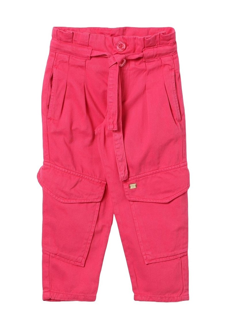 Pantaloni cargo rosa con una vita con bottone e cordoncino, caratterizzati da due ampie tasche laterali, cuciture rinforzate e una vestibilità comoda.