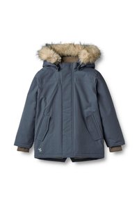 Parka invernale imbottita blu con cappuccio bordato in pelliccia, tasche con pattina frontali e polsini a coste, progettata per il clima freddo.