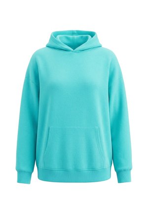 Felpa con cappuccio turchese a maniche lunghe, tasca a marsupio frontale, polsini e orlo a costine.