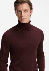 Bordeaux coltrui in een aansluitend ontwerp, gemaakt van soepele breimateriaal, met lange mouwen en een hoge kraag.