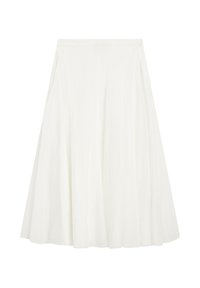 White knee-length A-line skirt with a fitted waistband, featuring soft pleats for added volume and flow.