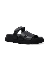 Sorte læder slide sandaler med en tyk sål, åben tå-design og to justerbare stropper med udsparinger. Mat finish.
