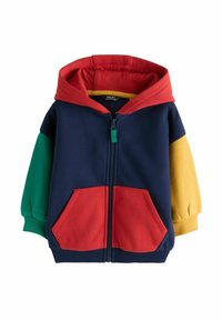 Bunt gemusterte Kapuzenjacke mit roter Kapuze, navyblauem Körper, grünem linken Ärmel, gelbem rechten Ärmel und zwei roten Fronttaschen. Aus Baumwollmaterial.