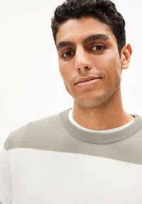 Hellgrau und cremefarben gestreifter Pullover mit Rundhalsausschnitt. Weiche Textur, gerippte Bündchen und eine glatte Stoffoberfläche.