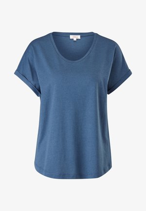 Modré tričko s krátkým rukávem a kulatým výstřihem, vyrobené z měkké směsi bavlny, volného střihu a s ohrnutými manžetami. Hladký povrch bez vzorů.