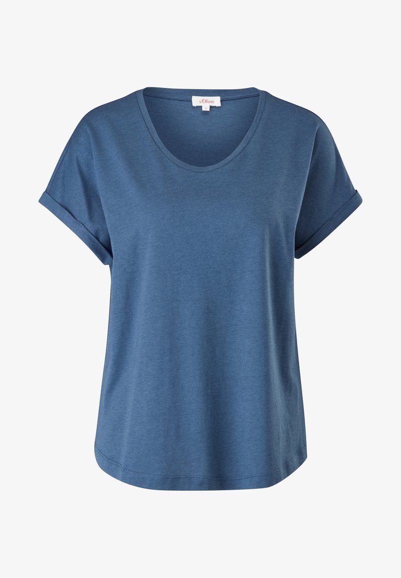 Sininen lyhythihainen t-paita, jossa on pyöreä kaula-aukko, pehmeä puuvillasekoitekangas, rento istuvuus ja käärityt hihat. Tasainen pinta ilman kuvioita.