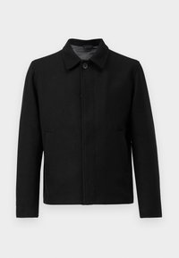 Black jacket with a button closure, structured collar, two side pockets, and textured fabric. Simple, straight-cut design.