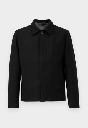 Schwarze Jacke mit Knopfverschluss, strukturiertem Kragen, zwei seitlichen Taschen und strukturiertem Stoff. Schlichtes, gerades Design.