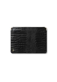 Black crocodile-textured leather laptop sleeve with flap closure and small gold logo in bottom left corner on white background.