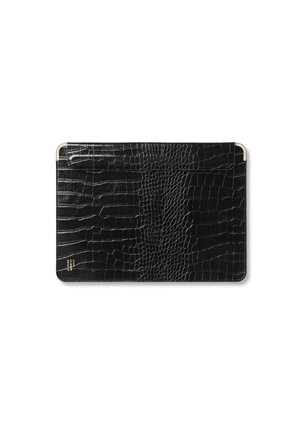 Black crocodile-textured leather laptop sleeve with flap closure and small gold logo in bottom left corner on white background.